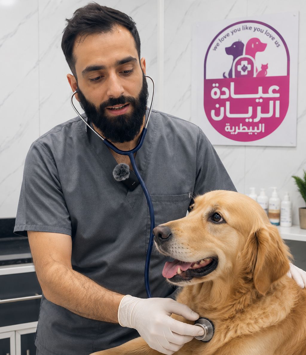 Al Rayan veterinarian examining a golden retriever